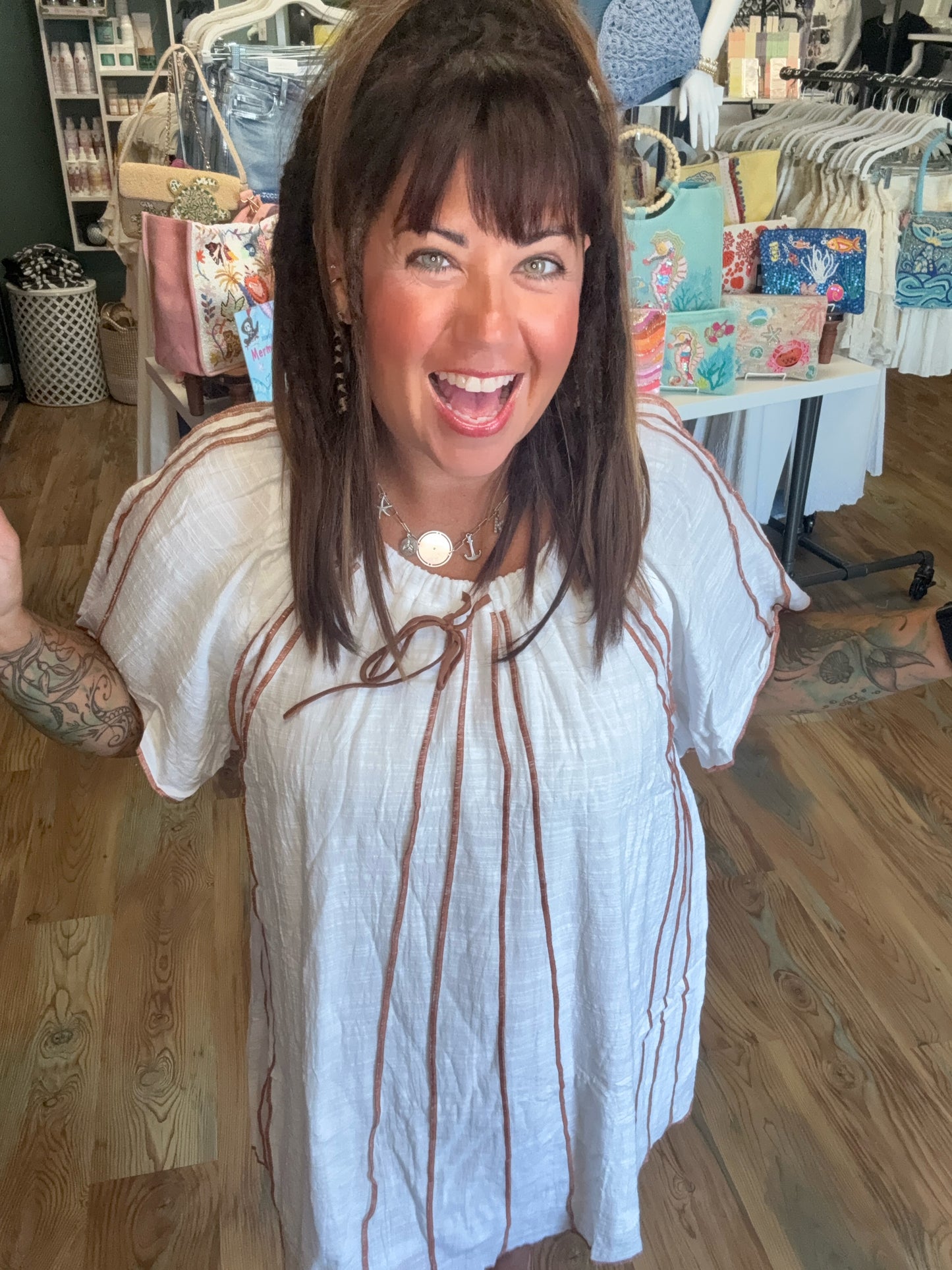 White Brown Tie Mini Peasant Dress