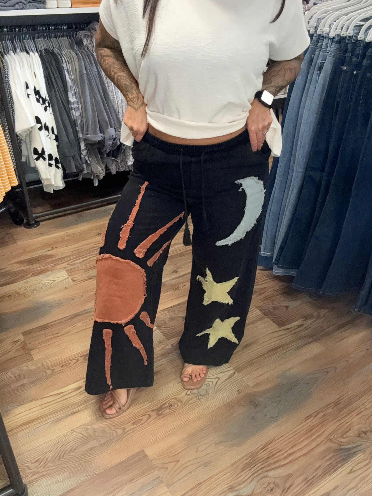 Washed Black Star Sun Moon Pants