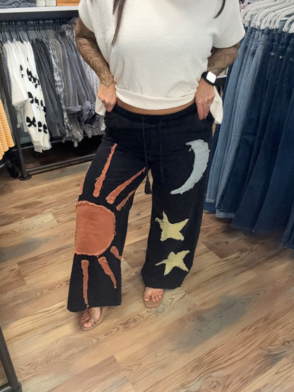 Washed Black Star Sun Moon Pants