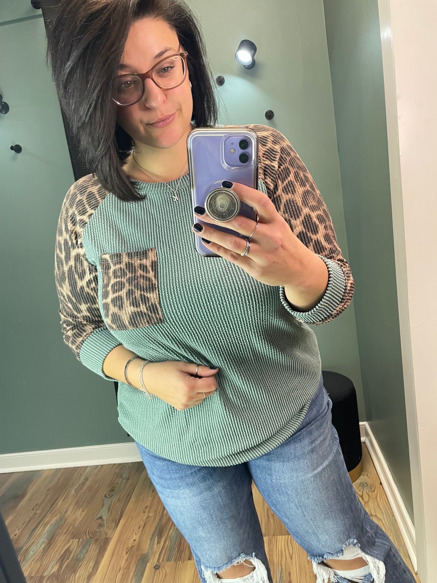 Ribbed Cheetah Sleeve Top