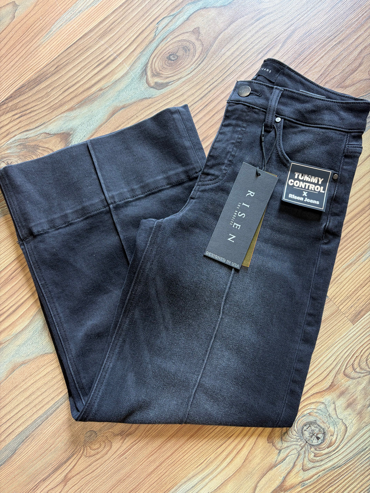 Risen Washed Black High Waist Pin Tuck Wide Leg Jeans