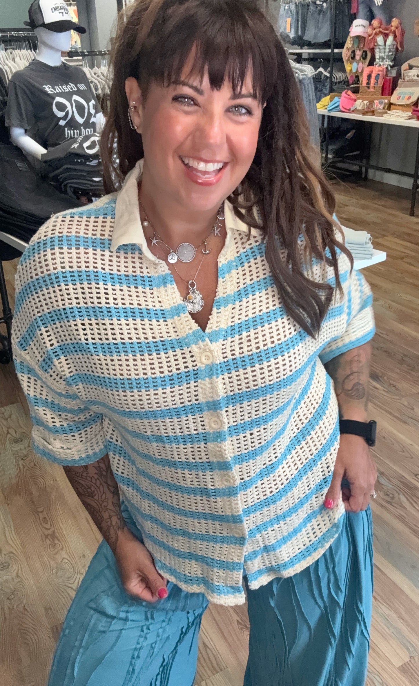 Aqua Striped Button Up