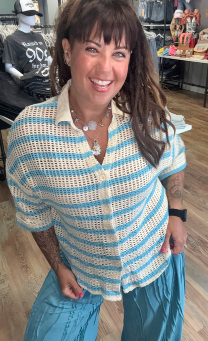 Aqua Striped Button Up