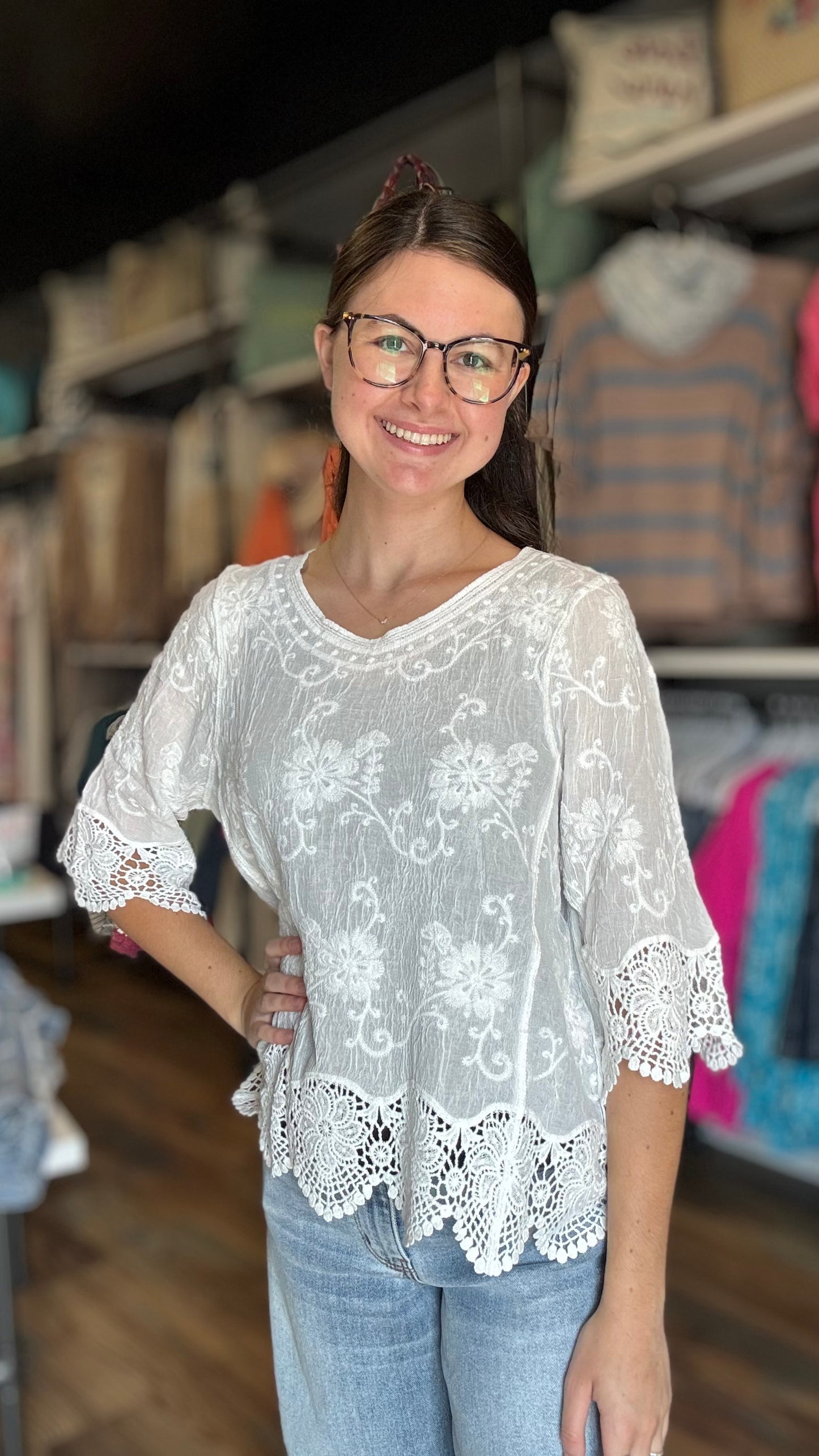 White Embroidered Scalloped Top