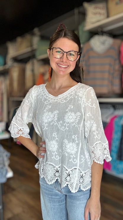 White Embroidered Scalloped Top