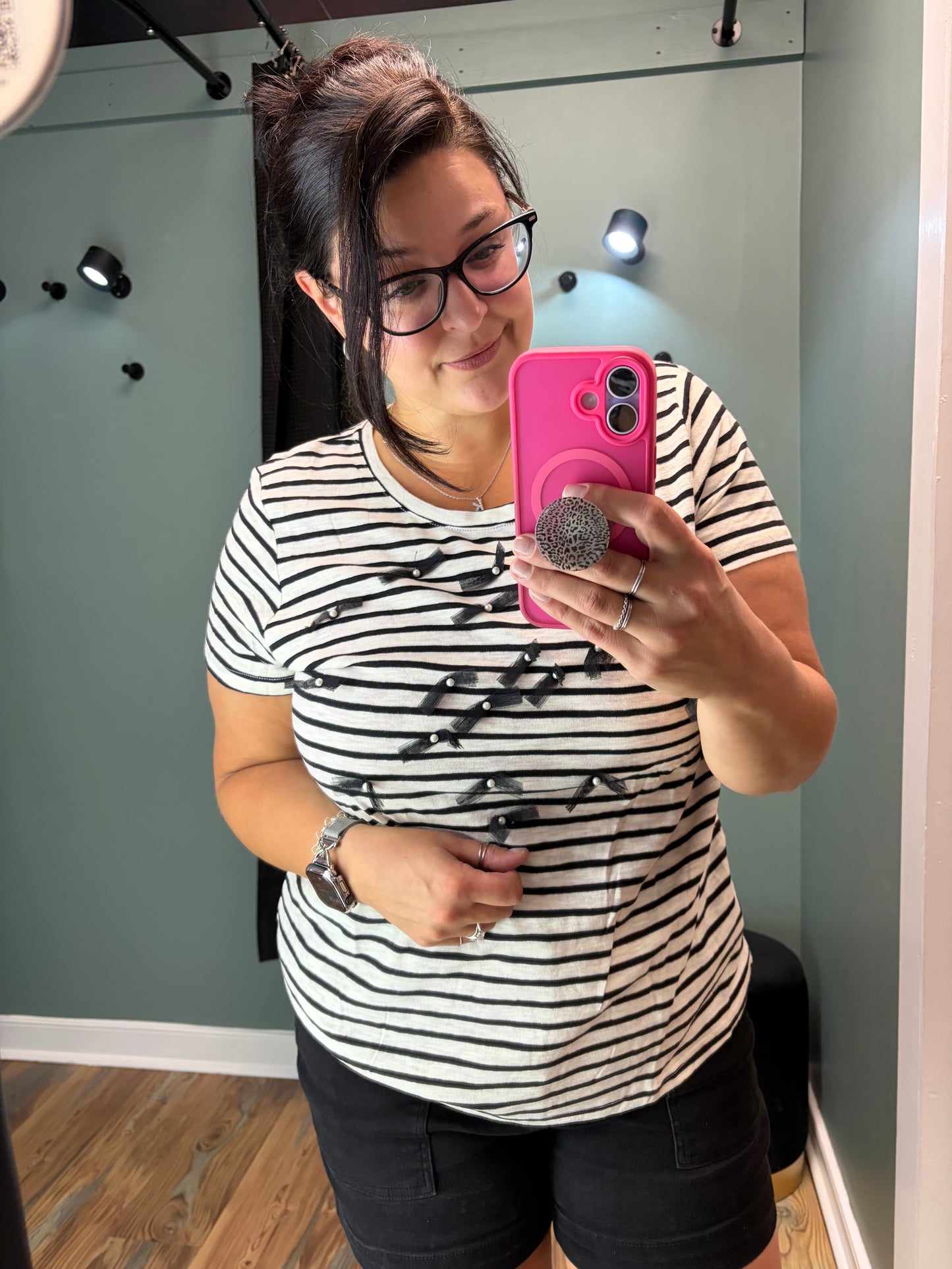Black White Stripe Bow Top