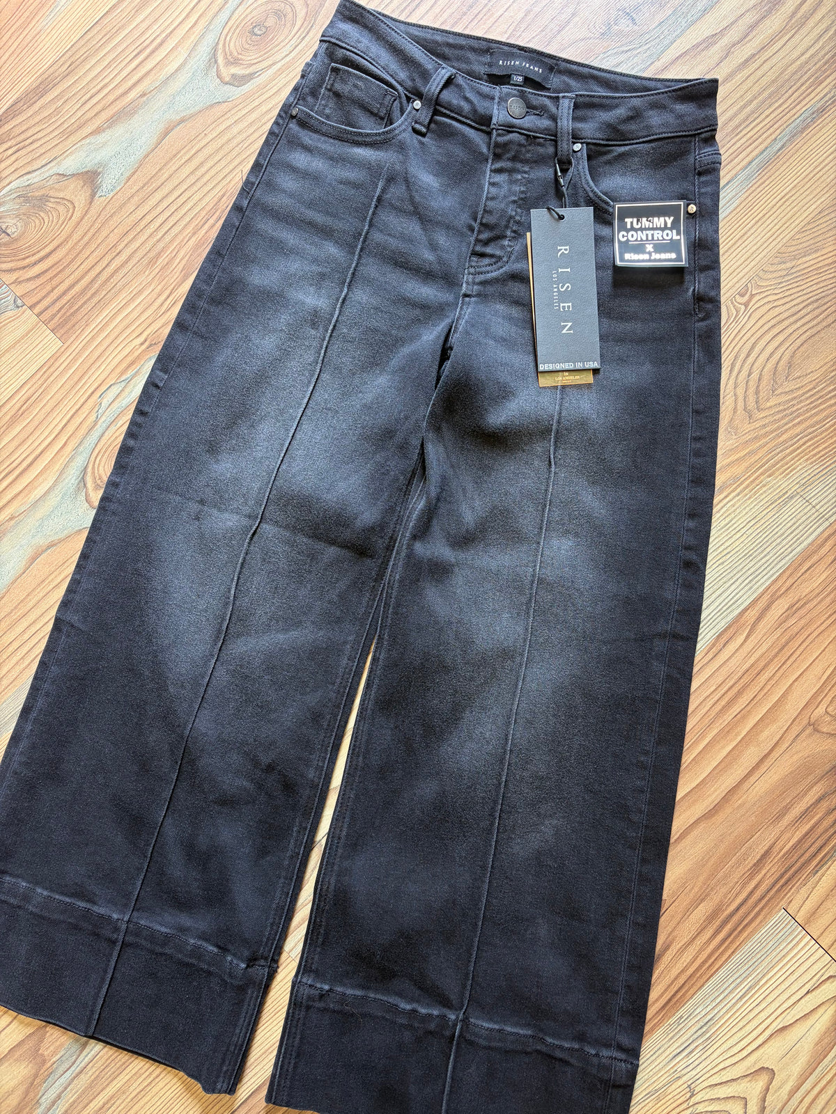 Risen Washed Black High Waist Pin Tuck Wide Leg Jeans