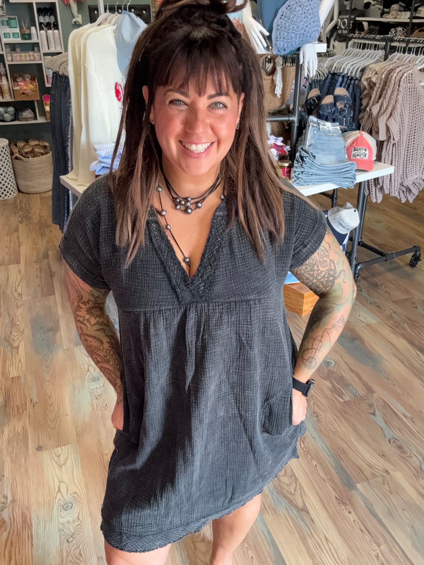Acid Washed Black Babydoll Dress