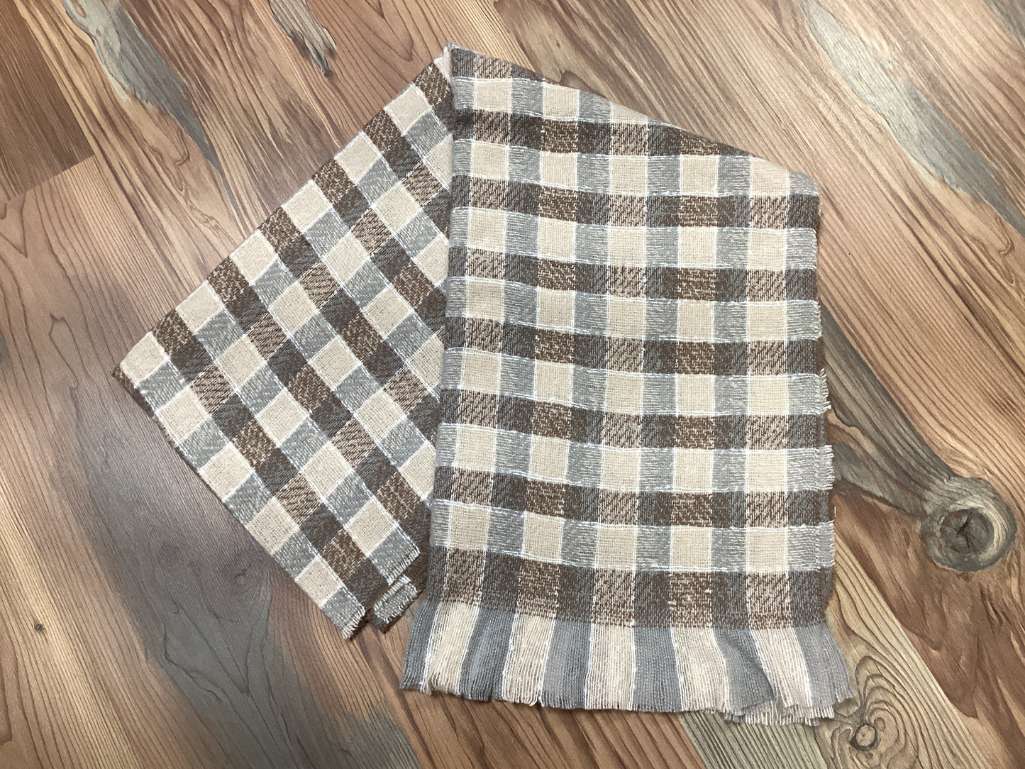 Tan Grey Cream Plaid Scarf