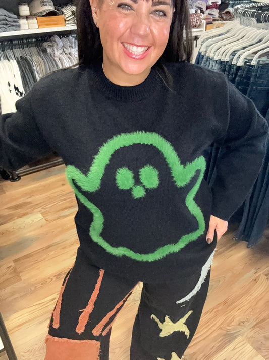 Black And Green Fuzzy Ghost Sweater