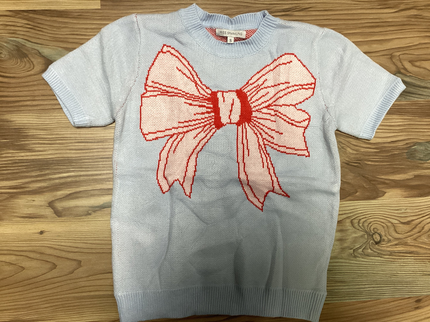 Light Blue Bow Short Sleeve Sweater
