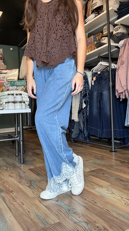 Chambray Wide-Leg Pants Lace Hem