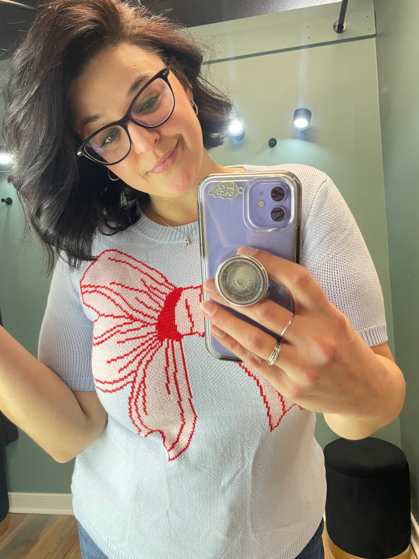 Light Blue Bow Short Sleeve Sweater