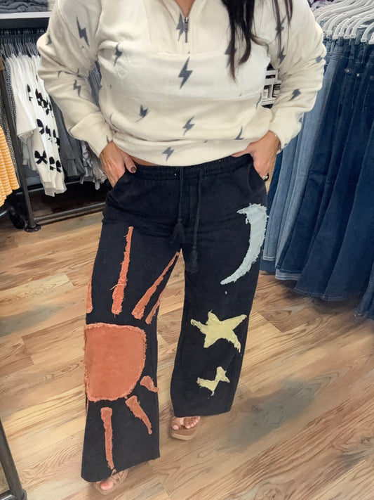 Washed Black Star Sun Moon Pants