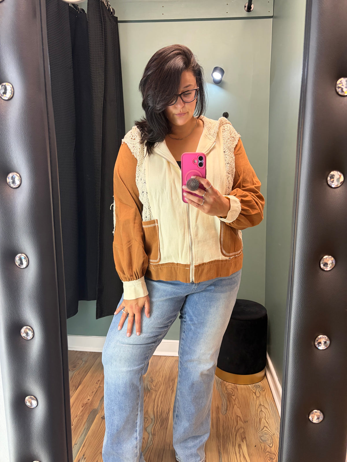 Cream Rust Crochet Hoodie