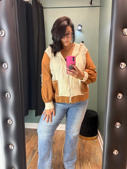 Cream Rust Crochet Hoodie