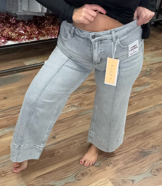 Risen Light Grey Pin Tuck Tummy Control Mid Rise