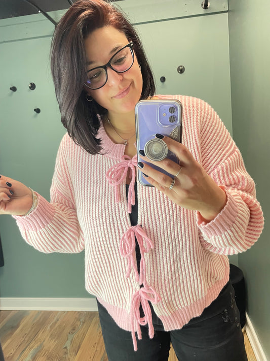 Pink White Striped Bow Front Knit