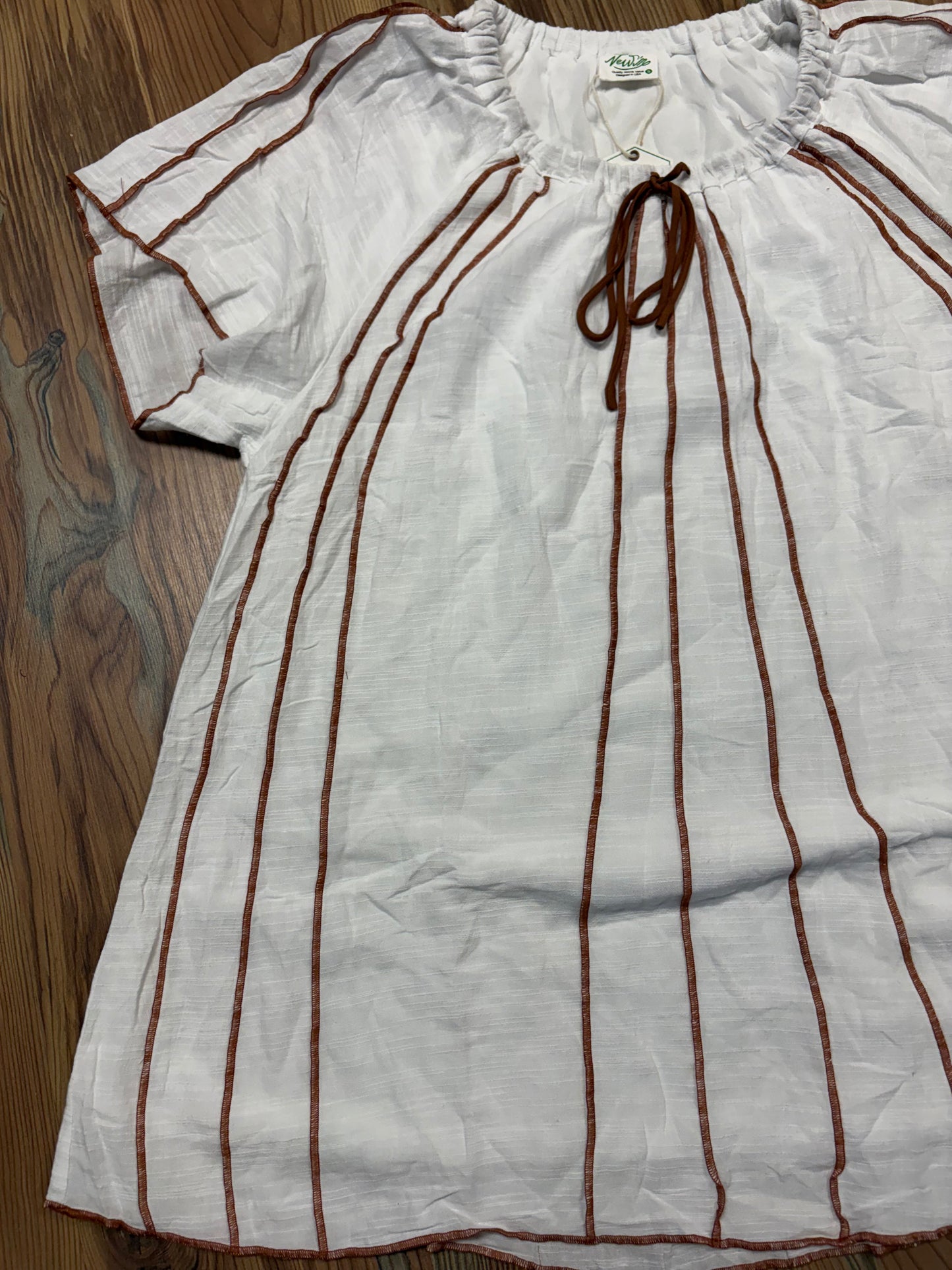 White Brown Tie Mini Peasant Dress