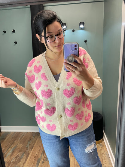 Oatmeal Fuchsia Heart Button Cardi