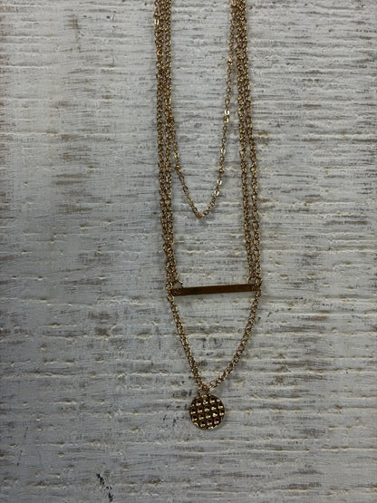 Gold Tri Layer Bar Waffle Necklace