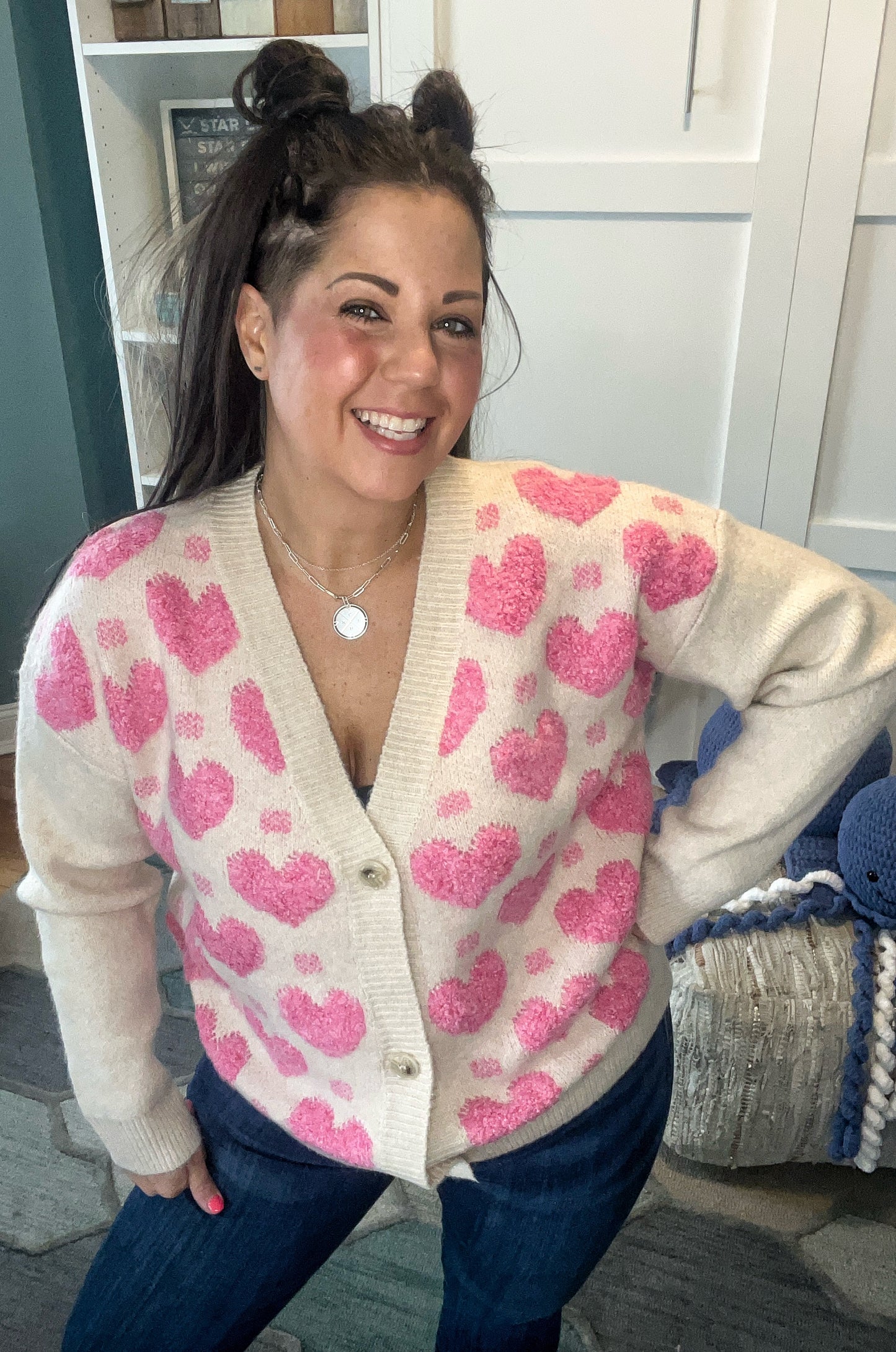 Oatmeal Fuchsia Heart Button Cardi