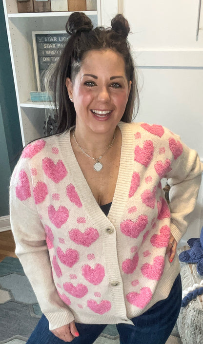 Oatmeal Fuchsia Heart Button Cardi