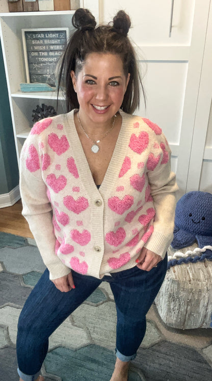 Oatmeal Fuchsia Heart Button Cardi