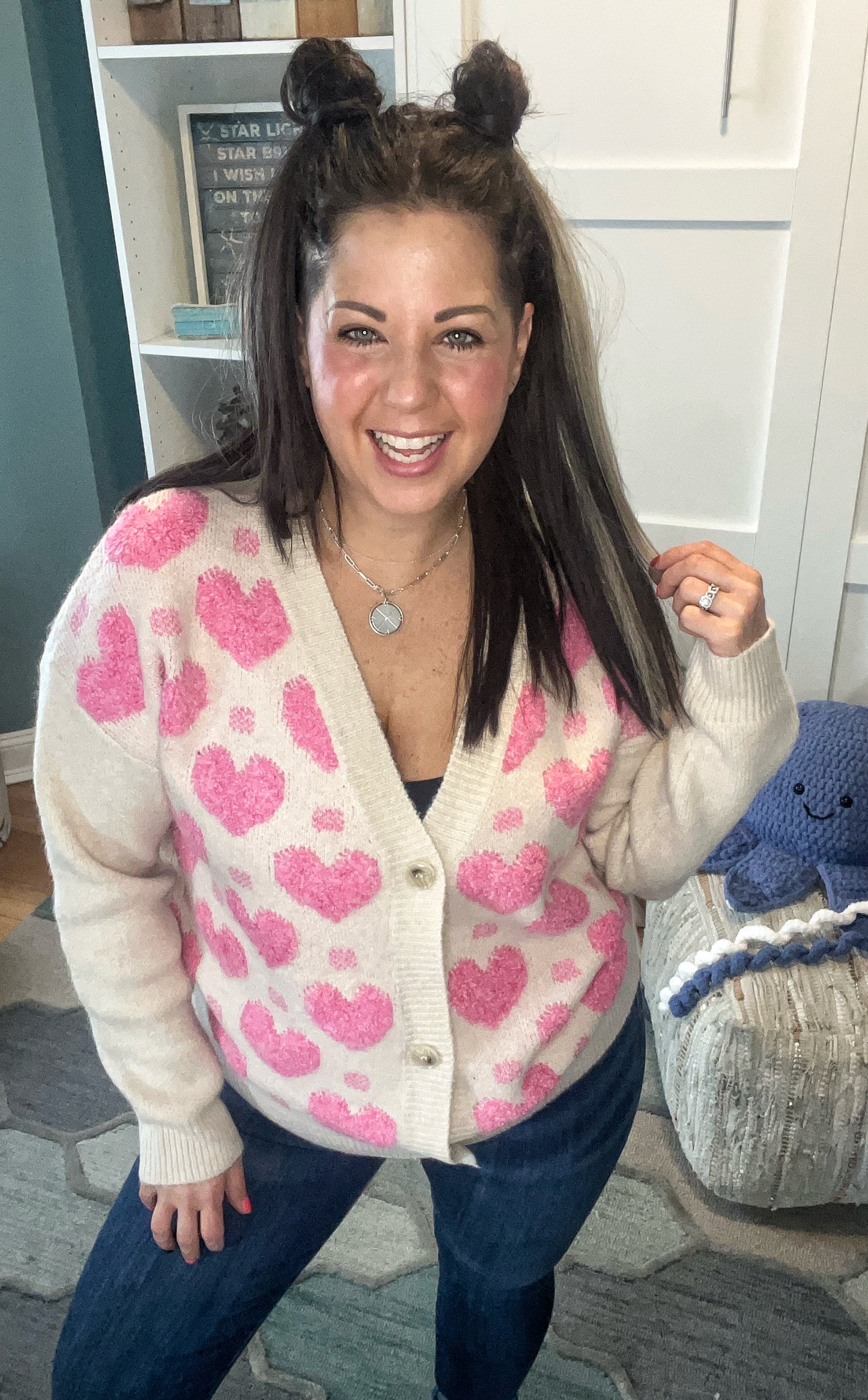 Oatmeal Fuchsia Heart Button Cardi