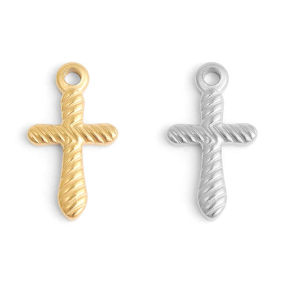 18K Gold PVD Stainless Steel Textured Cross Charm