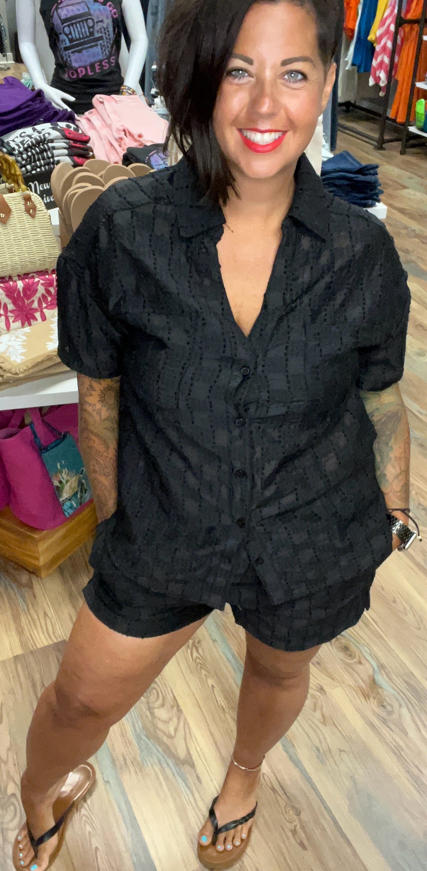Black Textured Woven Button Up