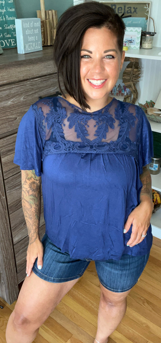 Navy Lace Embroidery Short Sleeve